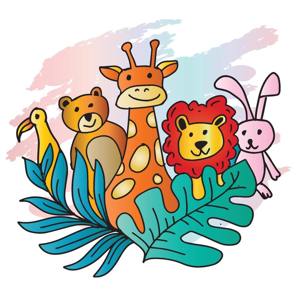 Illustration of cute cartoon giraffe, lion, rabbit, bear and chicken.and leaves. vector