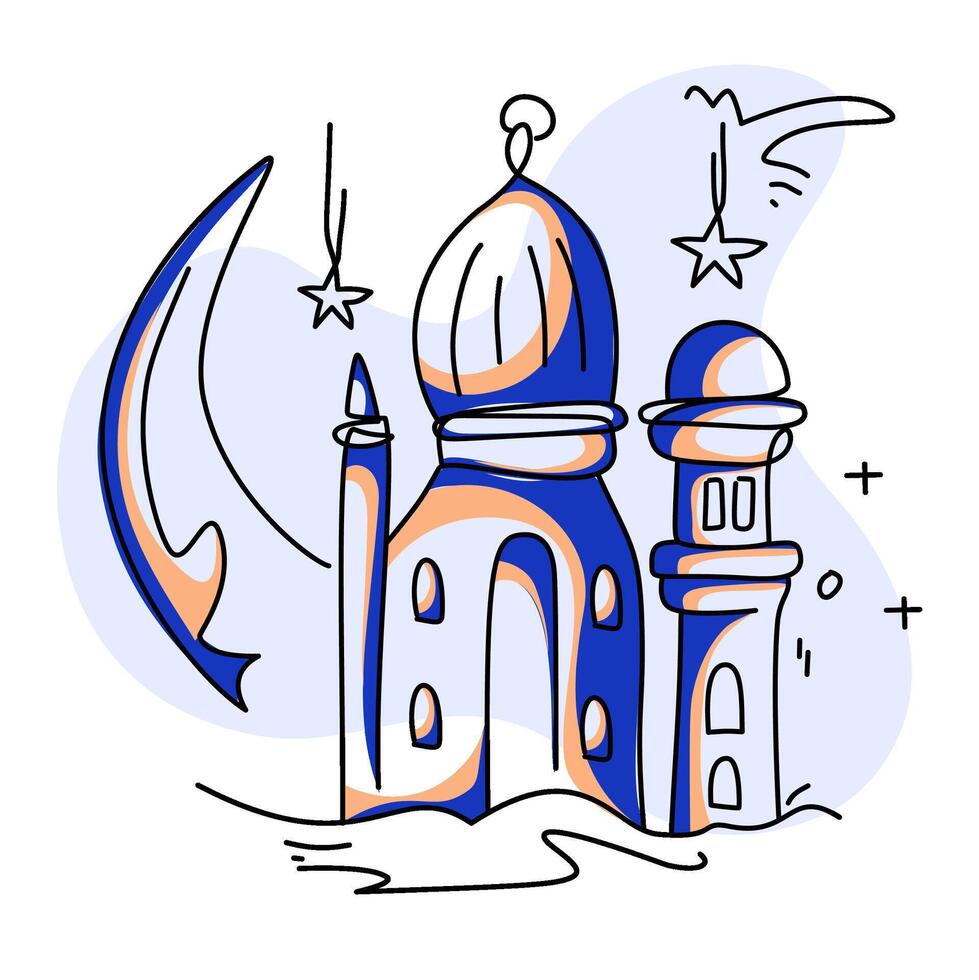 Ramadan Mubarak illustration with a crescent moon, mosque, and lanterns. Ideal for creating a warm and celebratory atmosphere on cards, banners, and digital content. vector