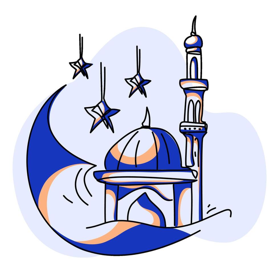 Vibrant Ramadan illustration with a modern twist. Features a crescent moon, mosque, and lanterns. Perfect for festive designs and social media vector