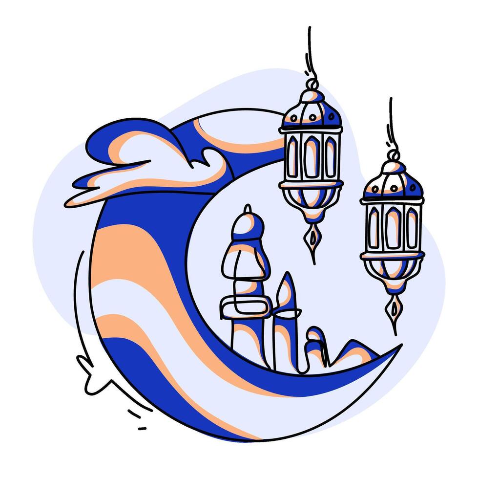 Minimalist Ramadan illustration. Features a crescent moon, mosque, and lanterns. Ideal for creating a warm and celebratory atmosphere on cards, banners, and digital content. vector