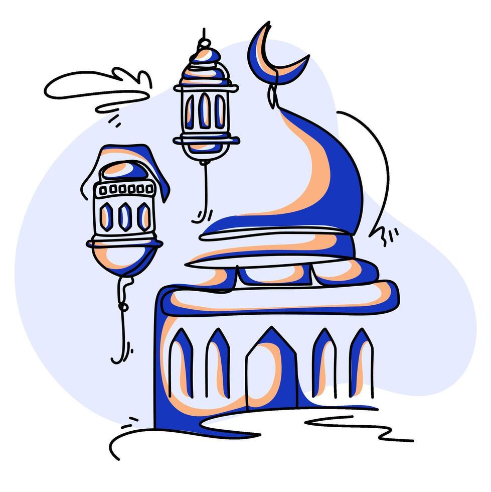 Vibrant flat illustration capturing the spirit of Ramadan. Features iconic symbols like the crescent moon, lanterns, and a grand mosque. Perfect for festive designs and social media vector
