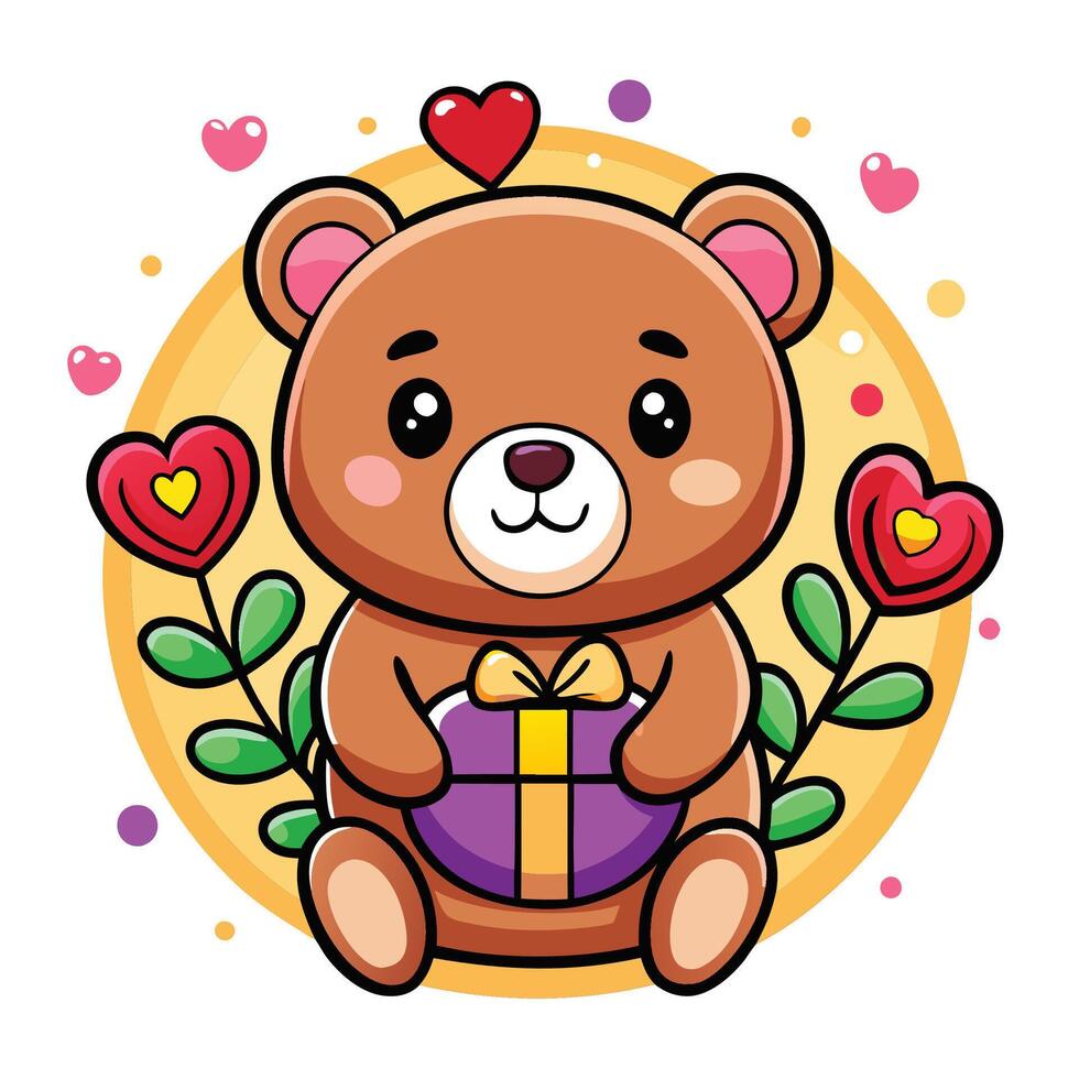 Cute cartoon teddy bear sticker with love shape gift box for Valentine's Day design vector