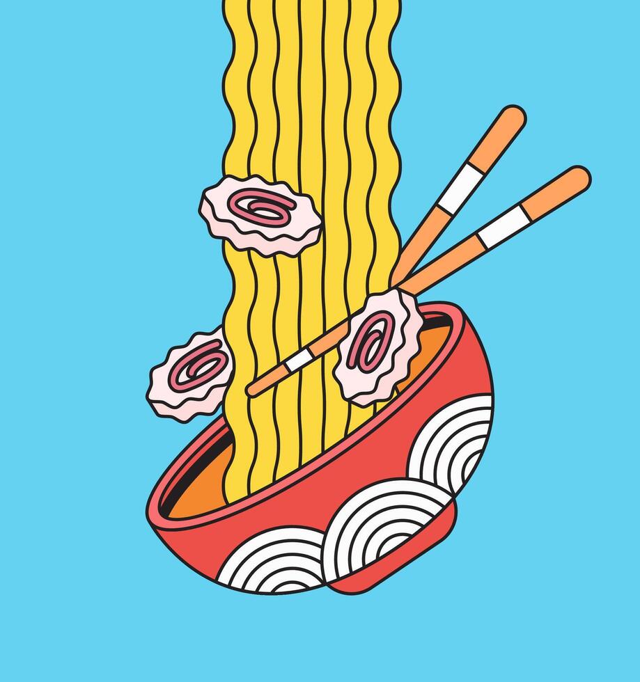 Bowl of noodles ramen with chopsticks vector