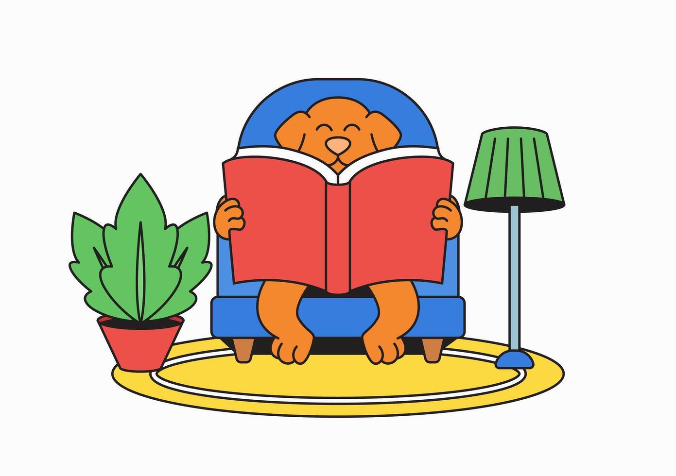 Cartoon illustration dog sitting in chair and reading book vector