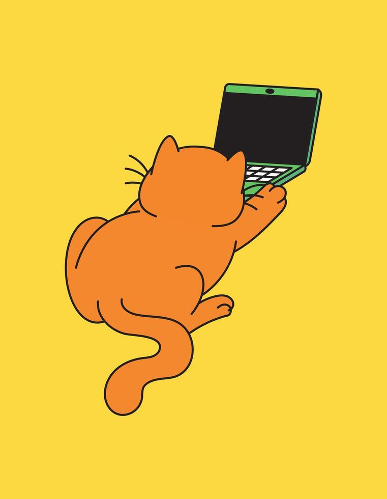 Cat laying in ground and playing with laptop vector