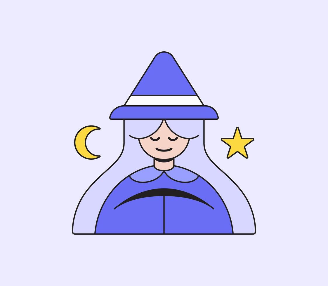 Happy witch cartoon character with stars and moon vector