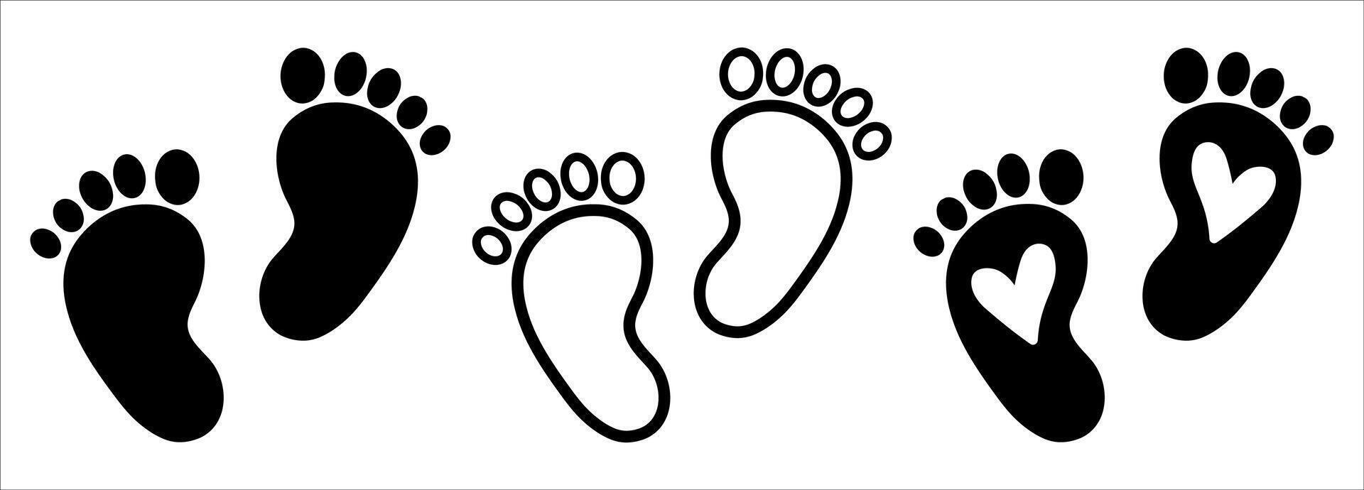 Baby Feet Flat Icon, Small Heart, Line Art. Clean Black Silhouette Design vector