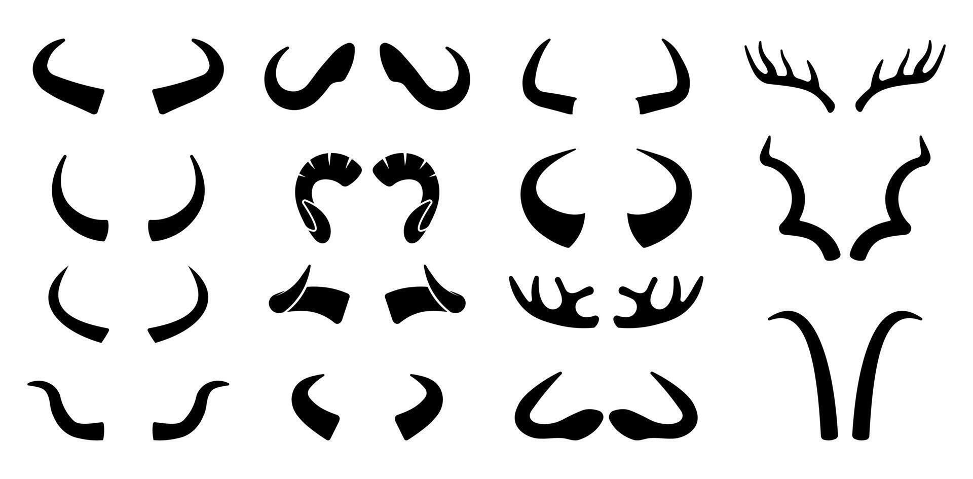 Set of different animal horn silhouettes on white background vector