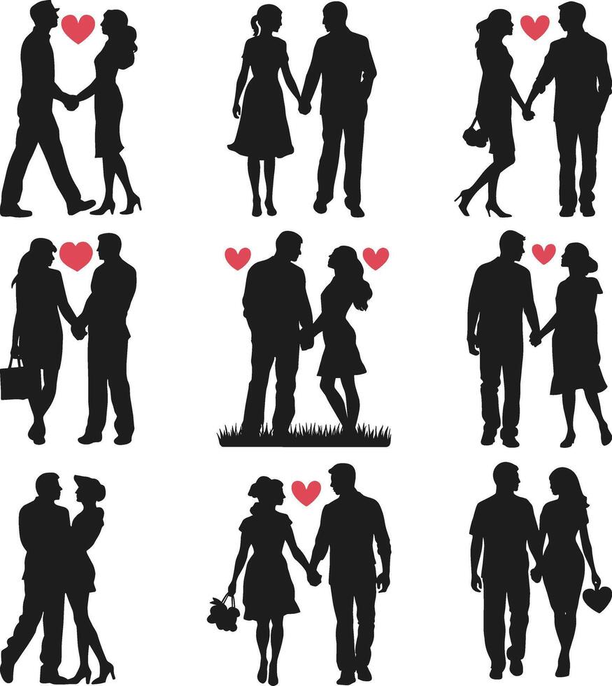 Collection of Romantic Couple Silhouettes with Heart Symbols Illustration vector