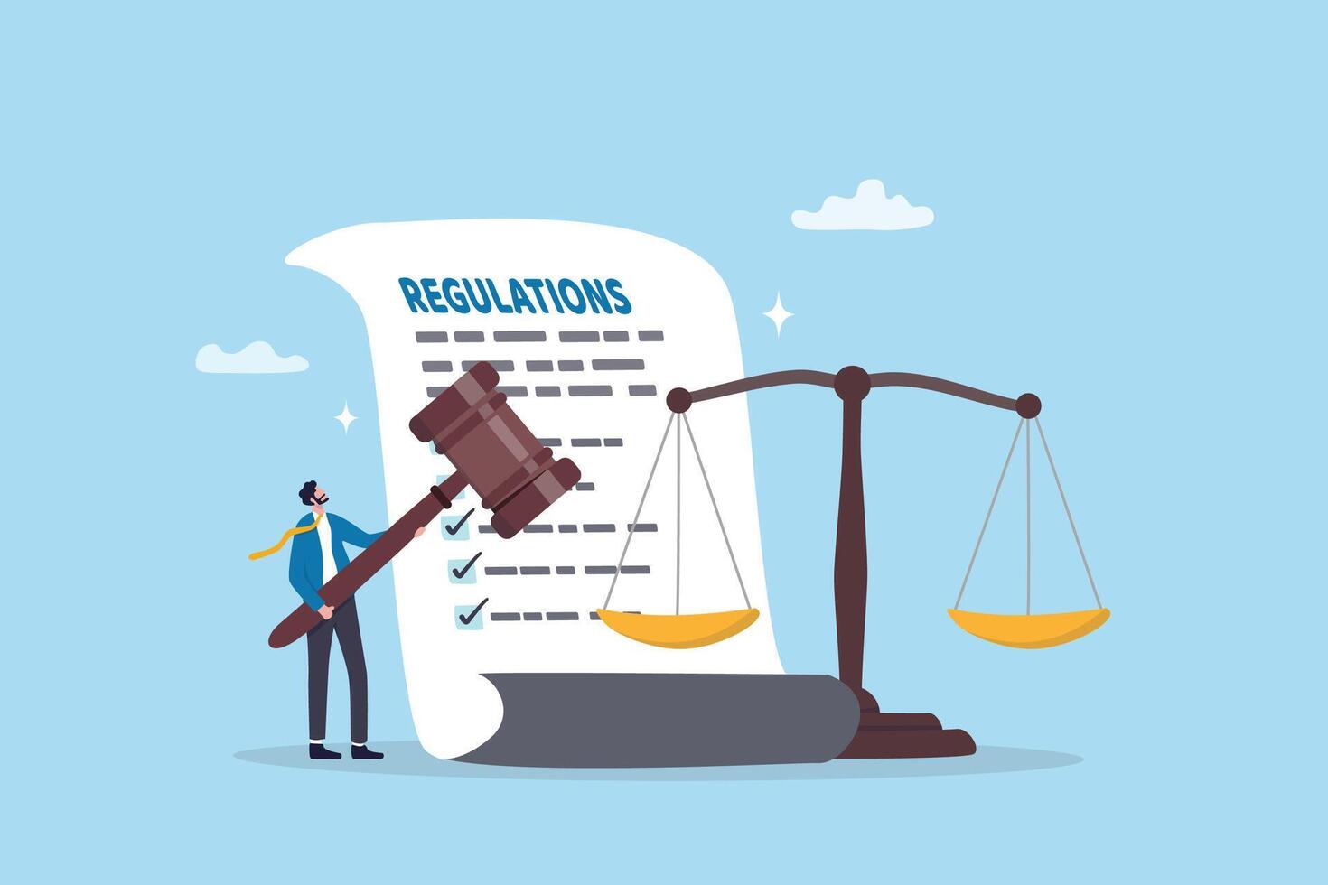 Regulations, law or rules, authority, legislation or government lawsuit, legal document justice or courthouse, verdict or punishment concept, businessman hold gavel with scale and regulation document. vector