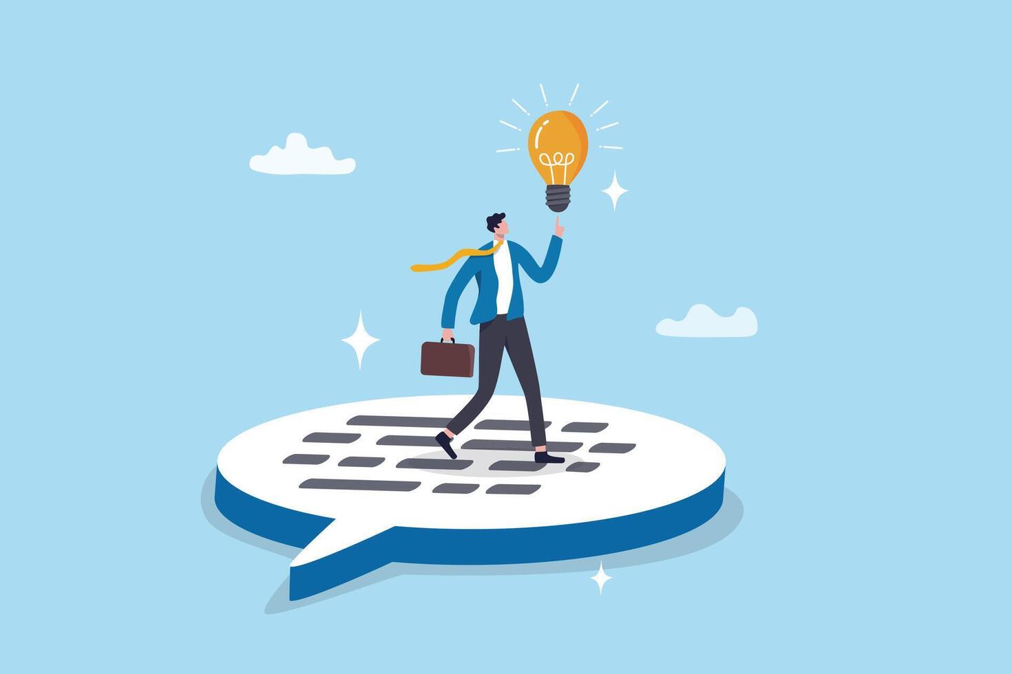 Communication to solve problem, meeting or conversation to success, efficient communicate, important speech or sharing opinion, feedback or discussion concept, businessman on speech bubble with idea. vector