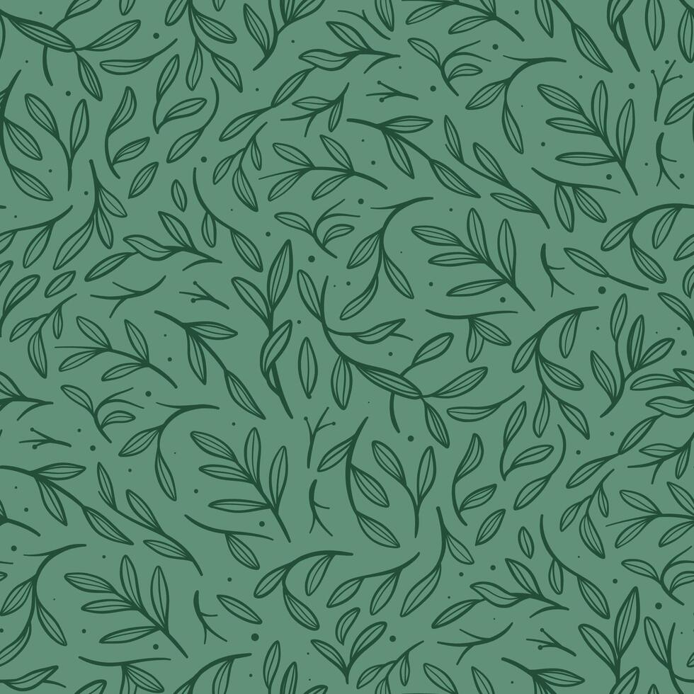 hand drawn green flora leaves and branch line art seamless pattern background vector