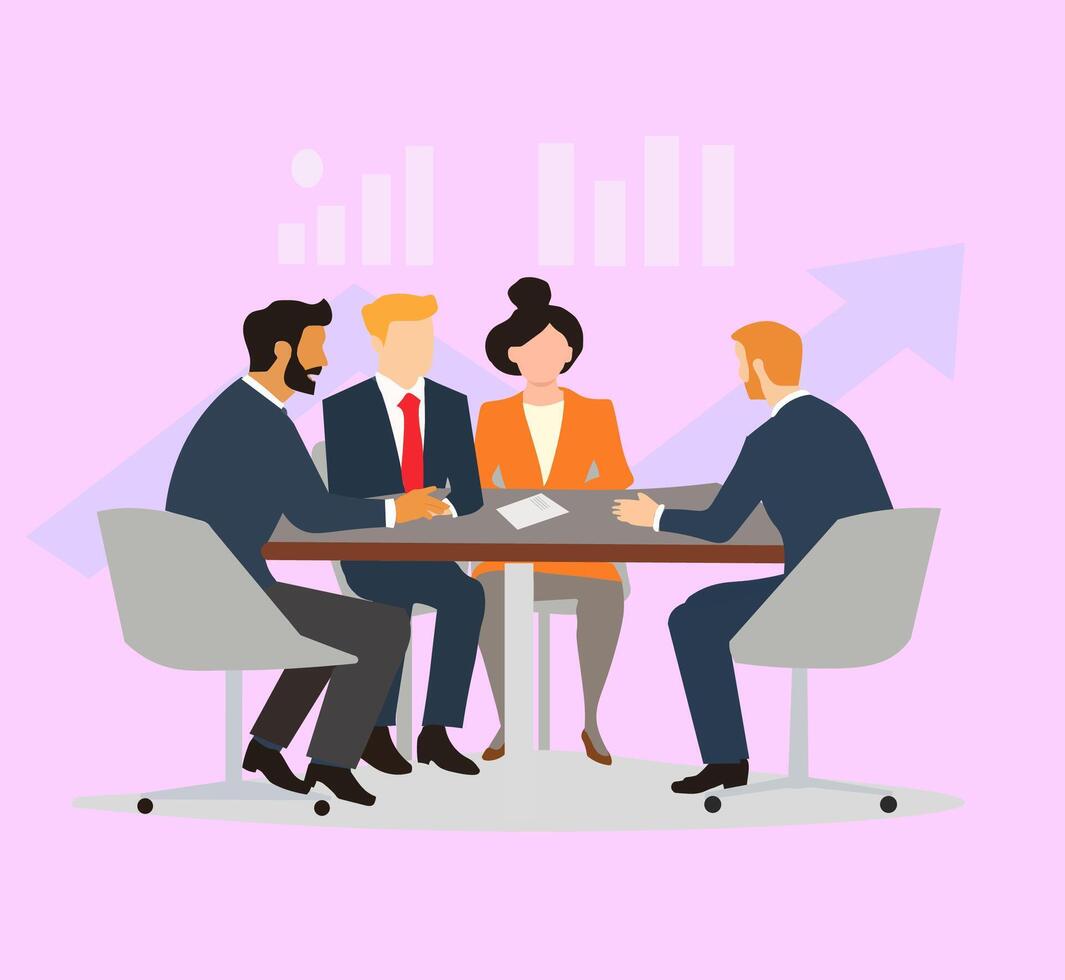Business Planning concept. in flat style of a group of diverse business people having a discussion at a table with graphs in the background. vector