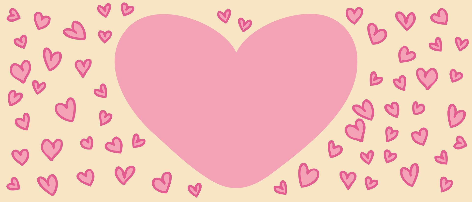 Valentine's Day horizontal banner template with empty copy space and doodle hearts. Perfect festive design for card, invitation, label, sale. Hand drawn illustration. vector