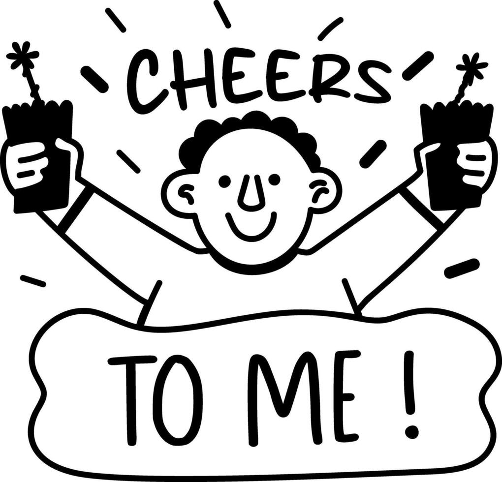 A glyph sticker of a person celebrating with firecrackers and text cheers to me vector