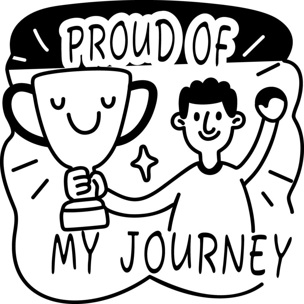 Person holding trophy with text proud of my journey, self pride concept glyph sticker vector
