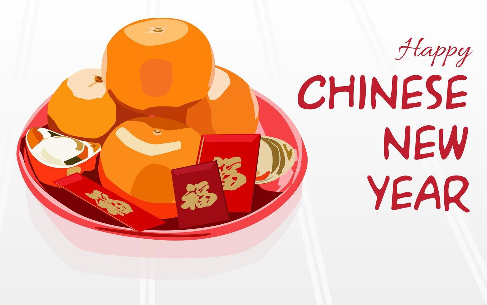 fresh sweet orange fruit in red plastic bowl container basket with red angpao money envelope and chinese gold coins on white table celebrating chinese new year day vector