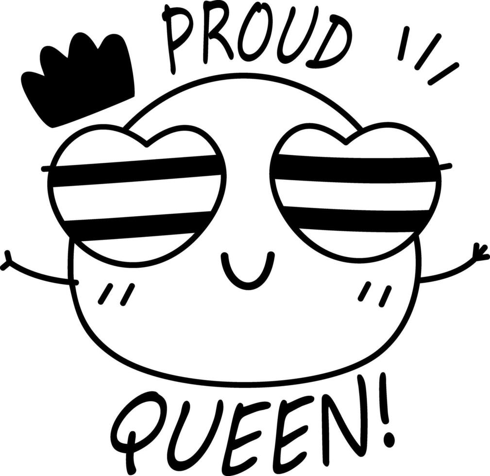 Pink blob with rainbow heart sunglasses saying proud queen, glyph sticker vector