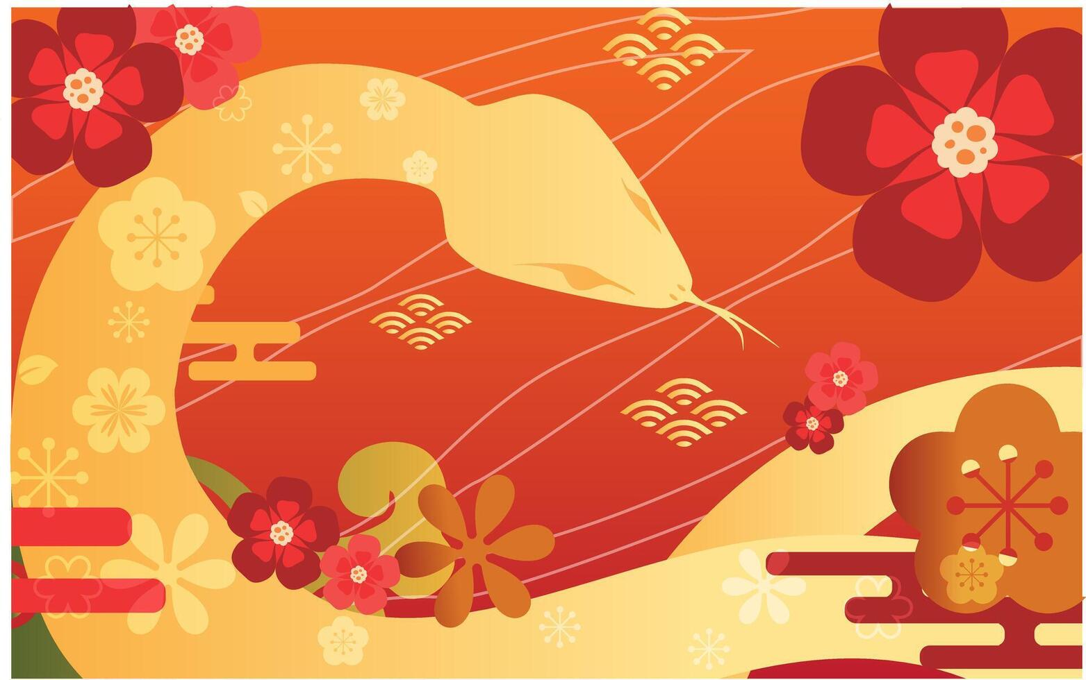 yellow gold snake hissing tongue texture flower silhouette red background and chinese new year ornaments flowers vector