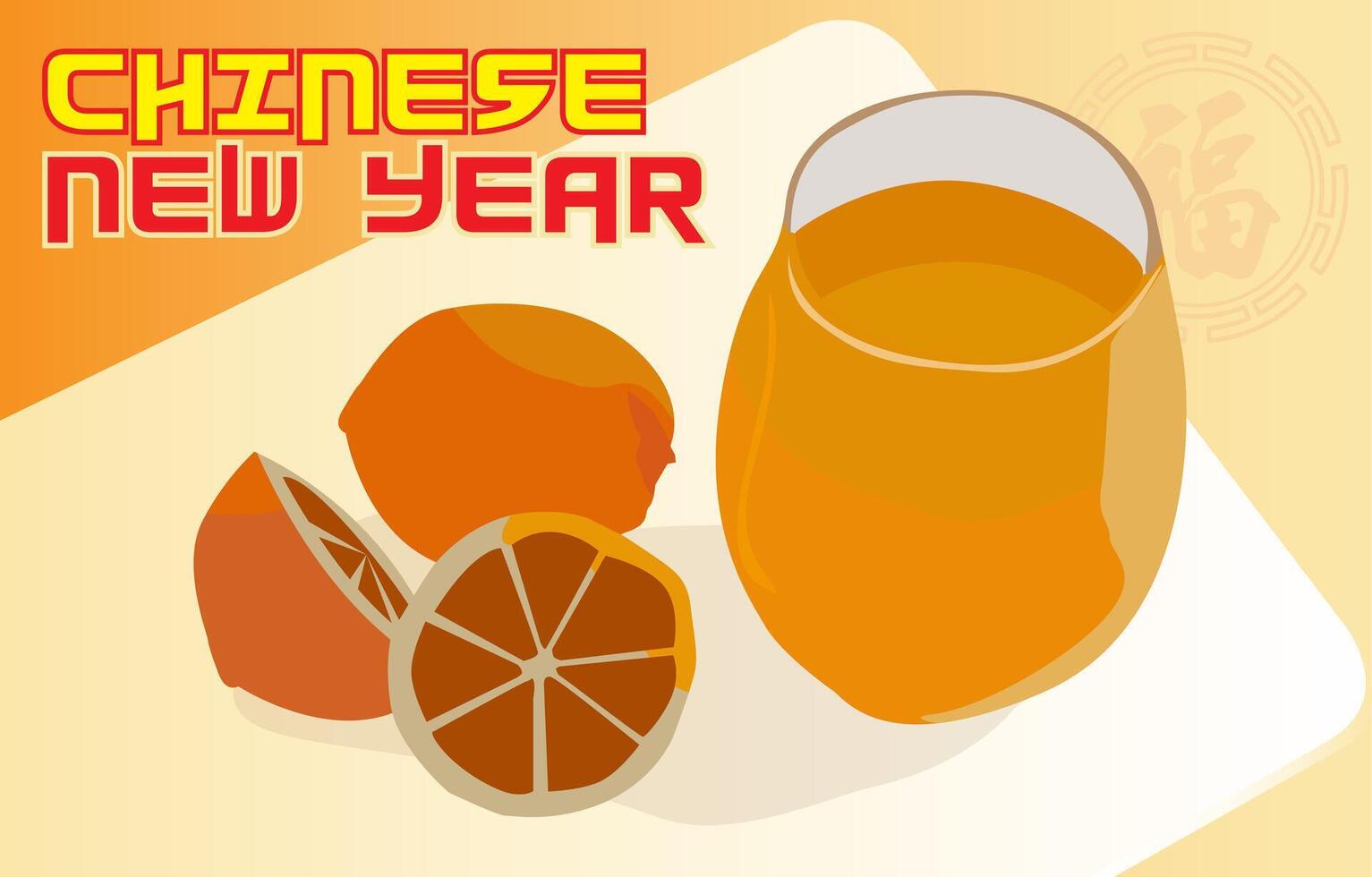orange fruits cut lemon water in glass on white tray yellow background celebrating chinese new year vector