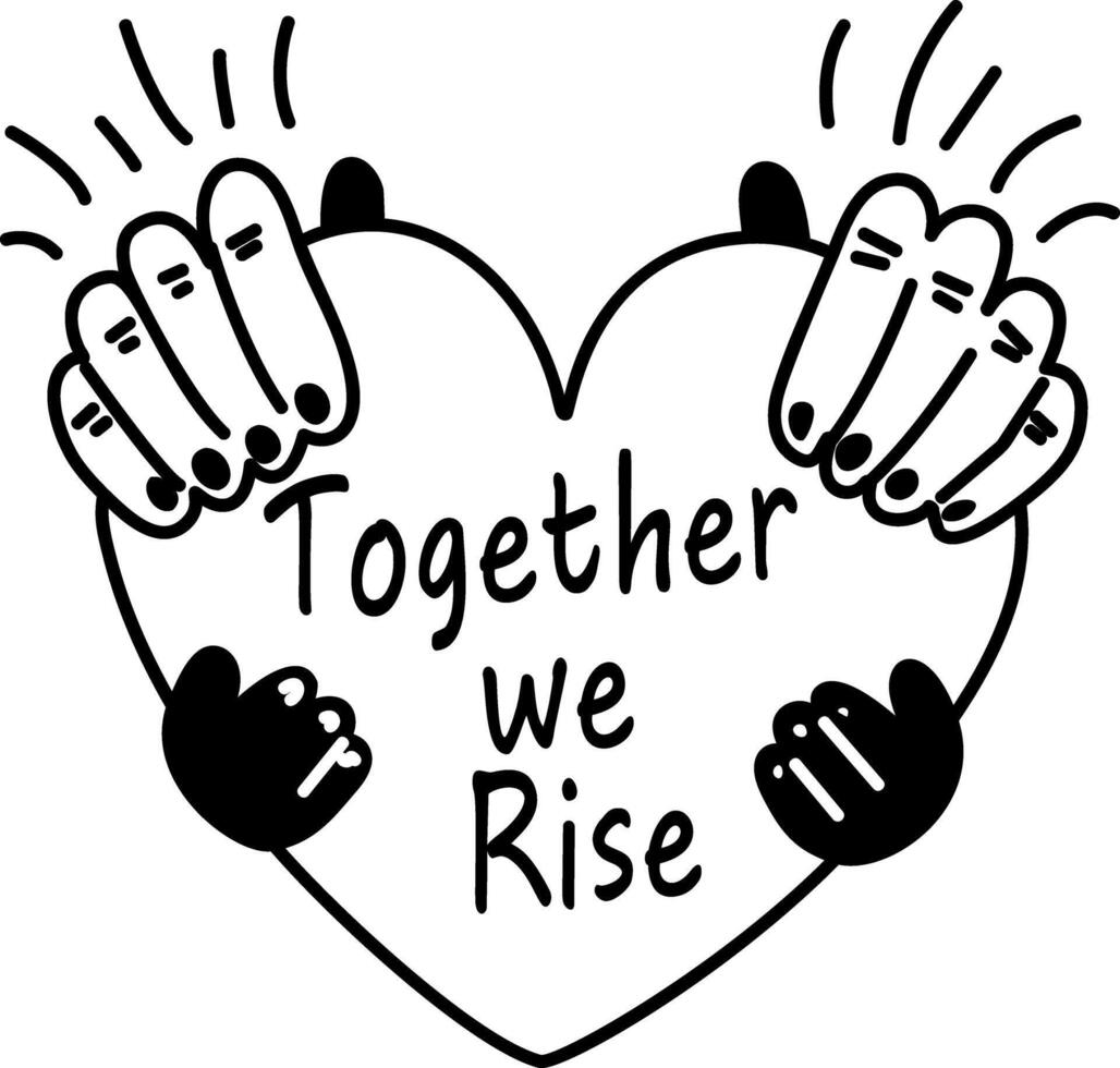 Two hands holding heart with text together we rise, glyph sticker vector