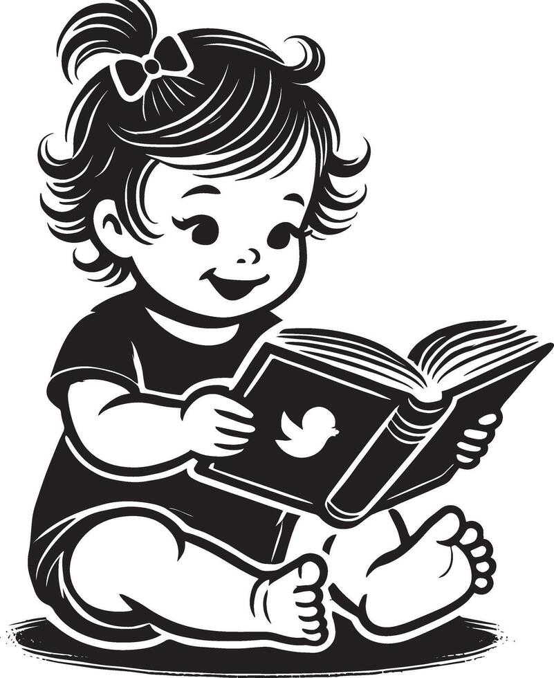 Cute baby pointing at book pages silhouette on white vector