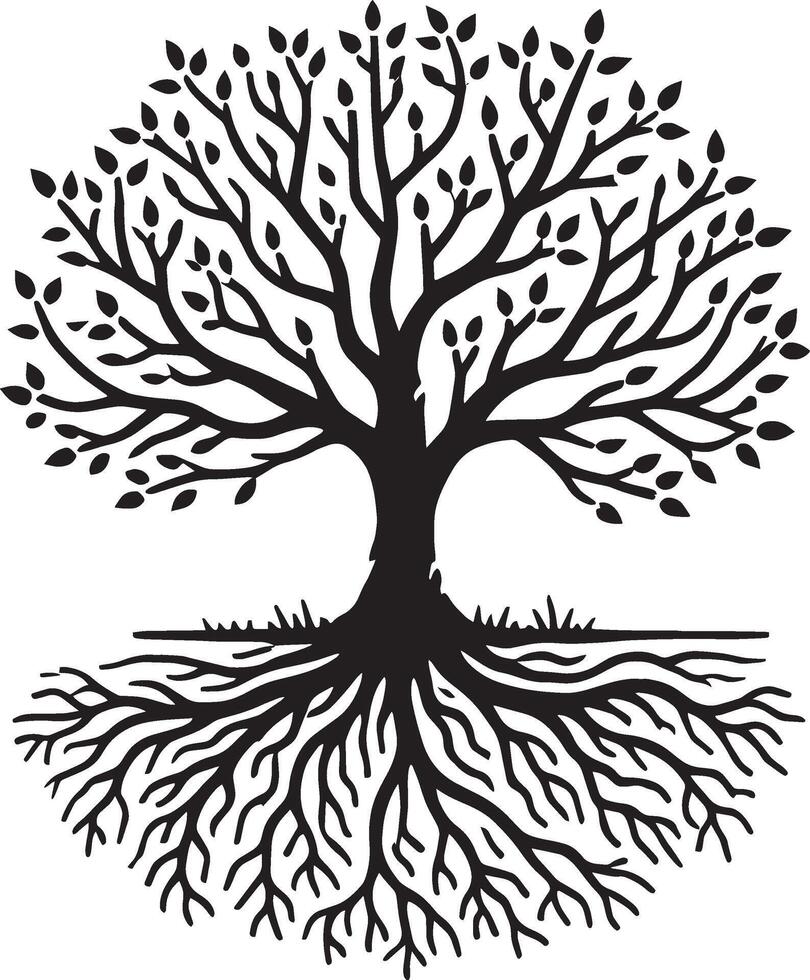 Lovely tree with roots silhouette design on clean white background vector