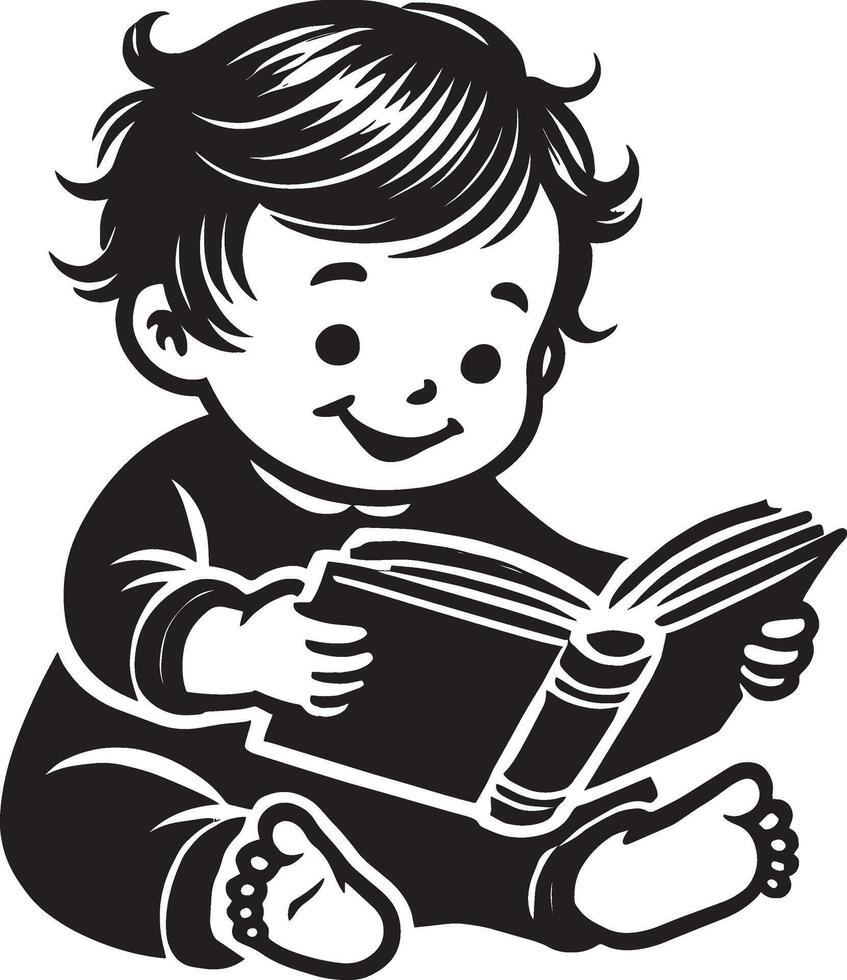 Adorable baby with book silhouette illustration on white vector