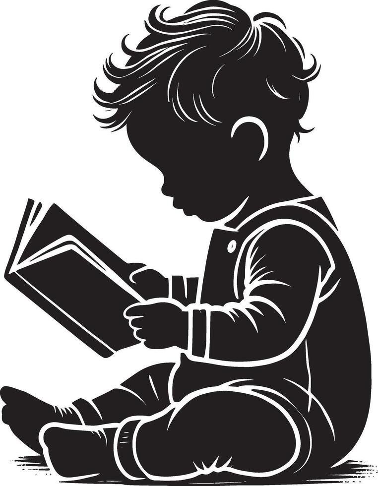 Playful baby with a picture book silhouette on a crisp white background vector