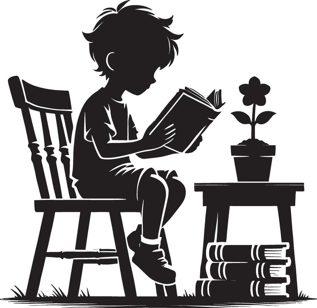 Young boy reading aloud silhouette design on white vector