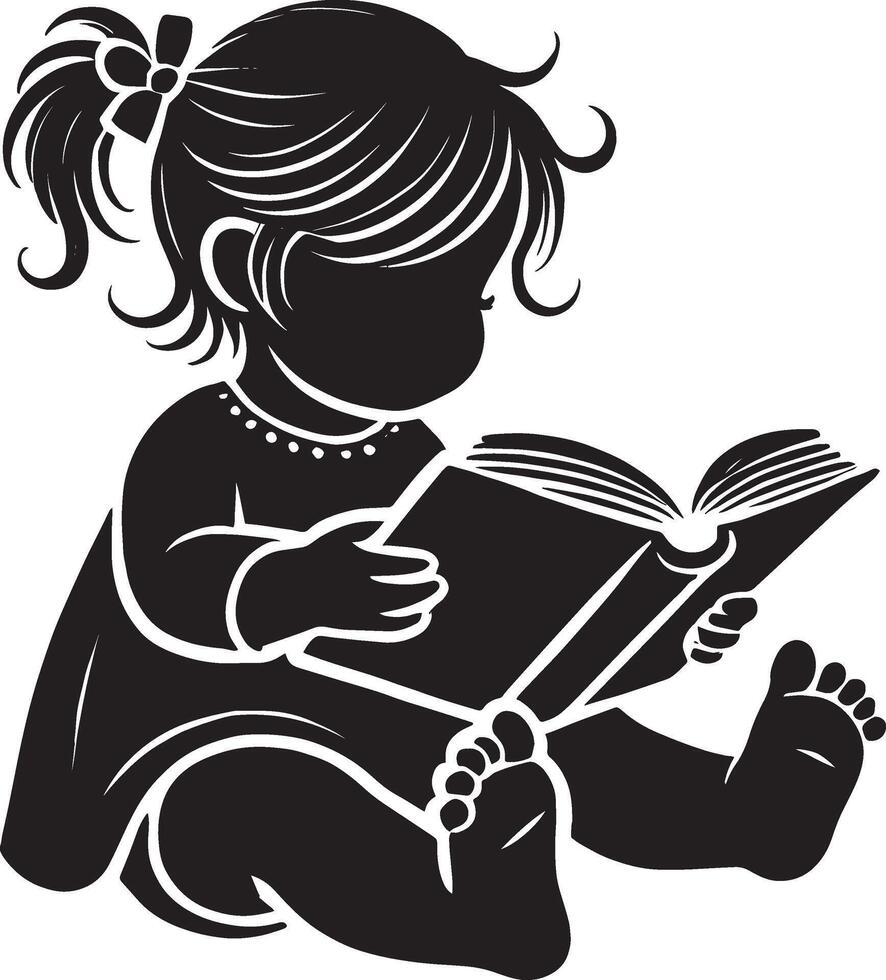 Precious baby engrossed in a story silhouette on a white canvas vector
