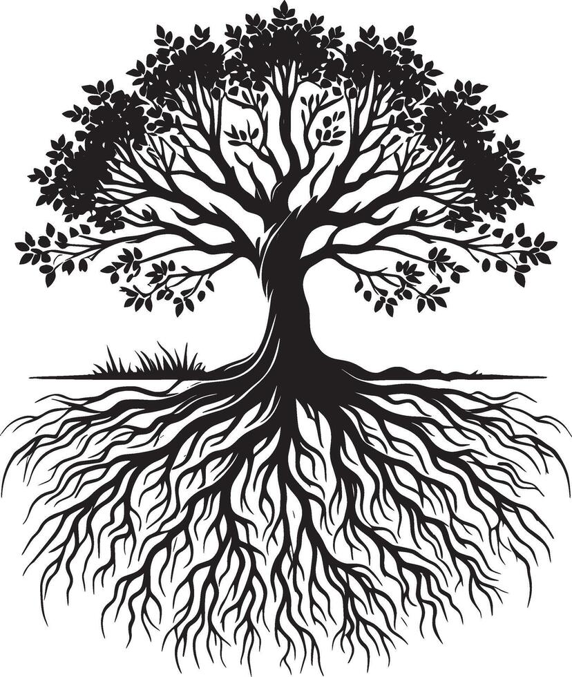 Artistic tree with roots silhouette design on a pristine white surface vector