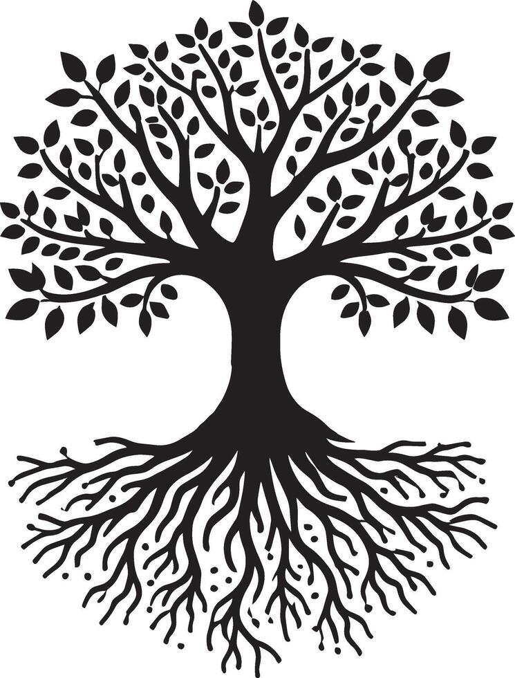 Textured tree with roots silhouette artwork on a pristine white backdrop vector