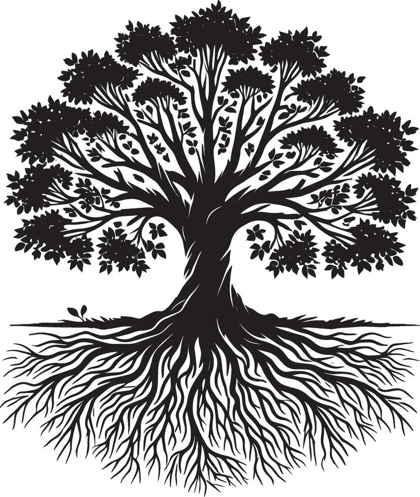 Modern tree and roots artwork in silhouette on white vector