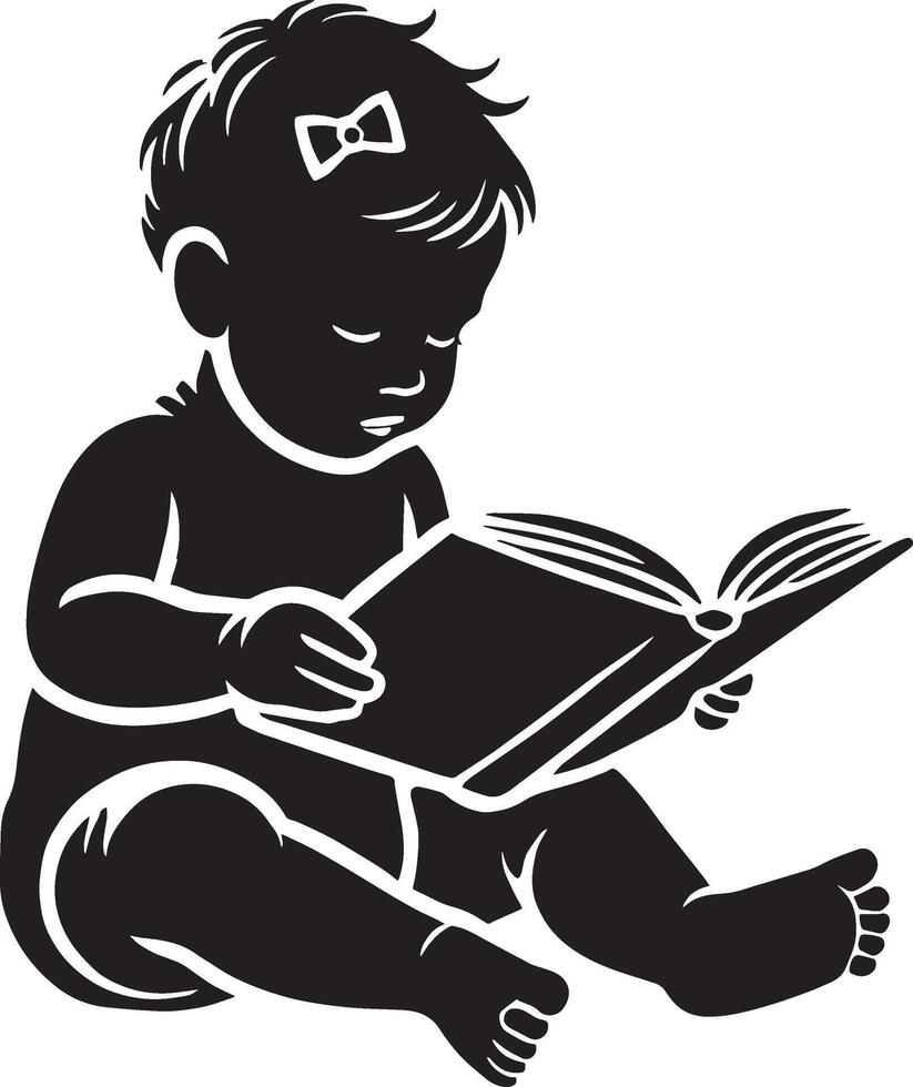 Precious little one with a book silhouette on a plain white canvas vector