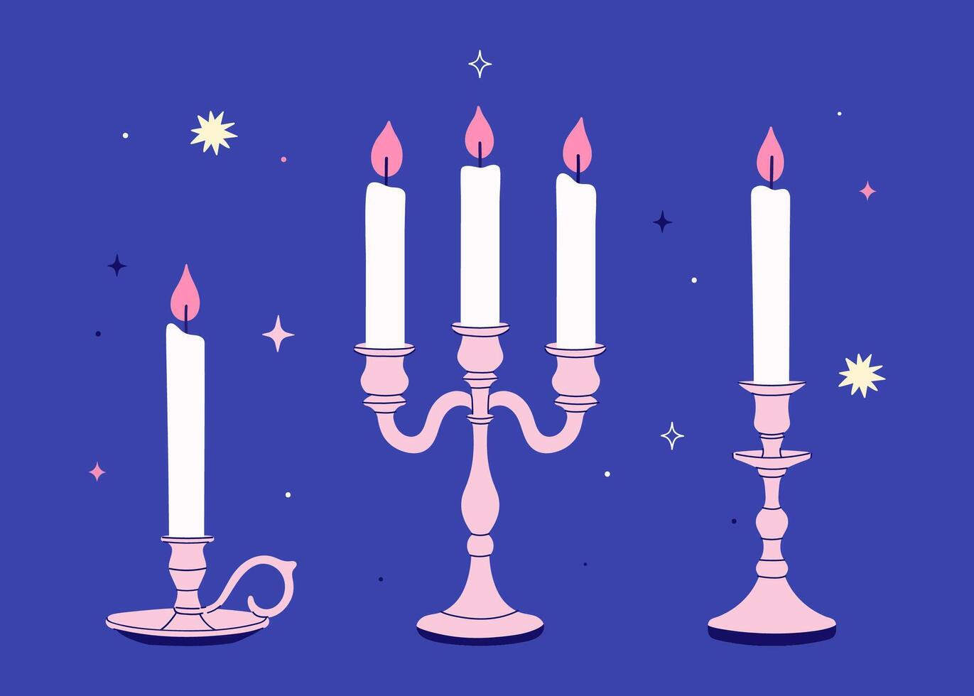 Burning candles in silver candlesticks on a blue background. graphics vector