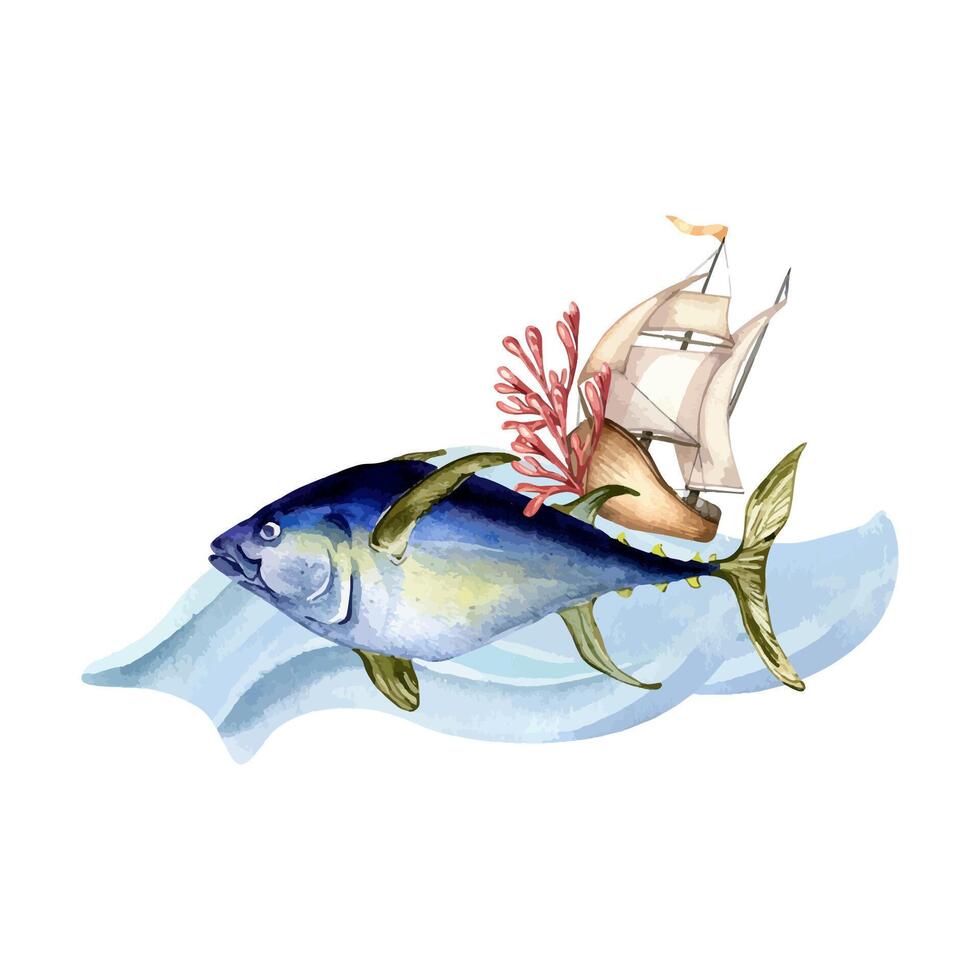 Big blue fish swimming on waves, with red coral and a small sailing ship in the background. Sailboat and sea fish watercolor illustration. Ship and natural elements hand drawn for marine design vector