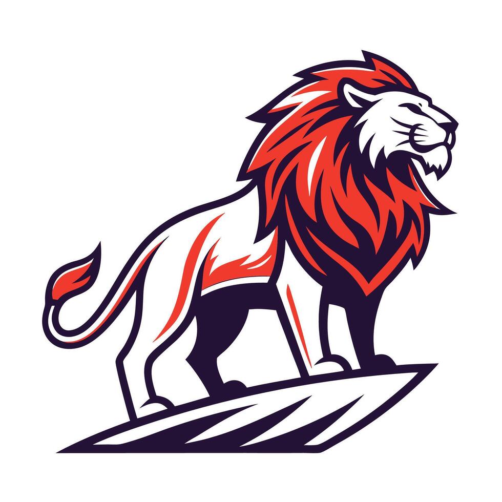 lion standing on surfboard, illustration vector