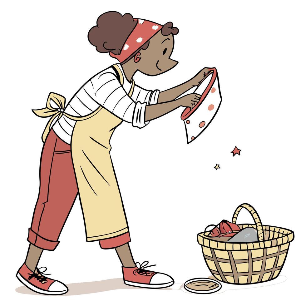 a woman in an apron is putting food in a basket vector