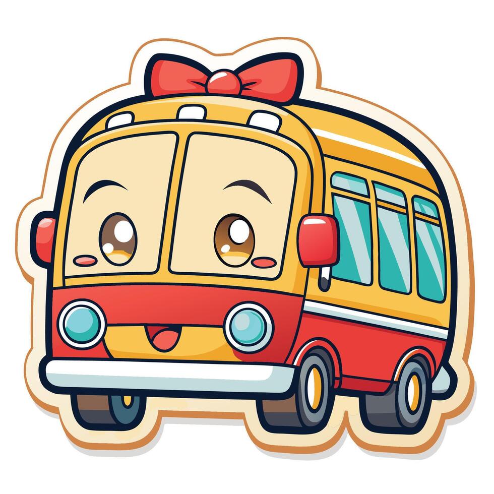 cartoon bus sticker with eyes and bow vector