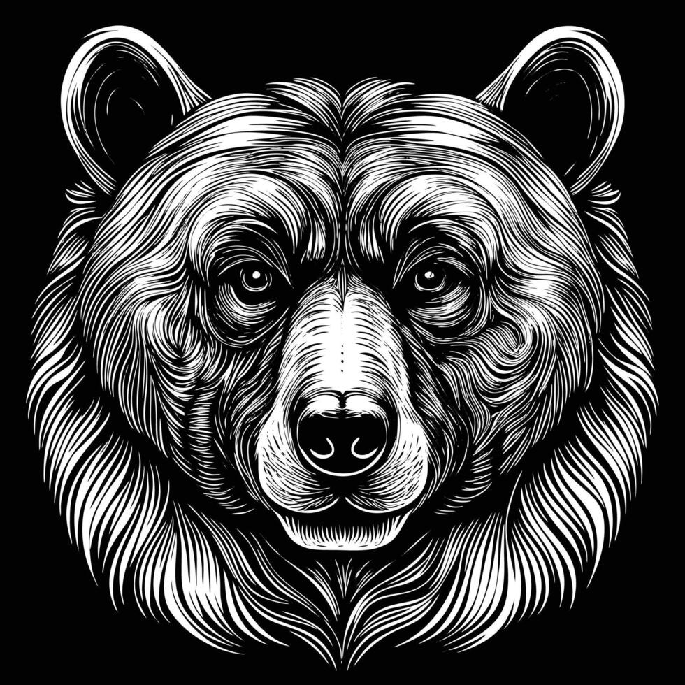 designs a bear head in a woodcut style on a black background vector