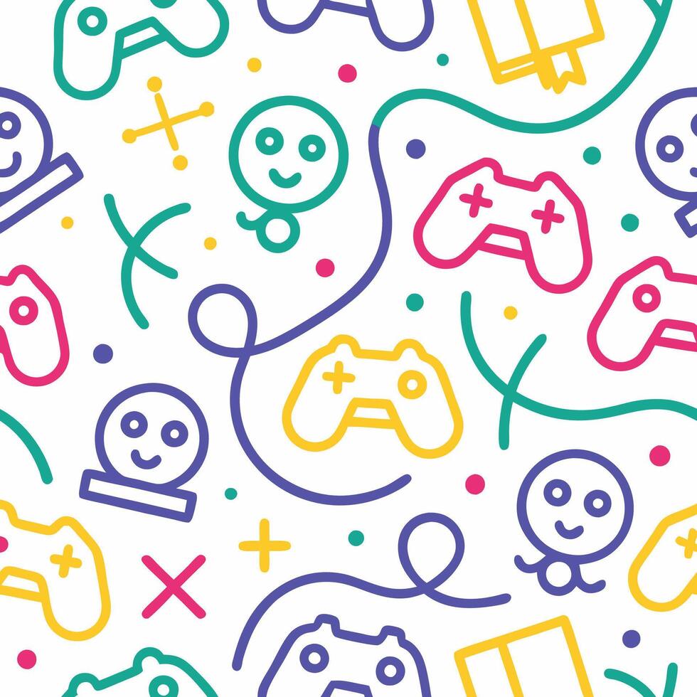 designs a colorful pattern with game controllers and other items vector