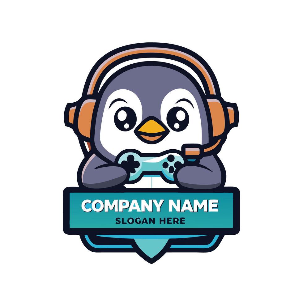 designs a penguin wearing headphones and holding a controller vector