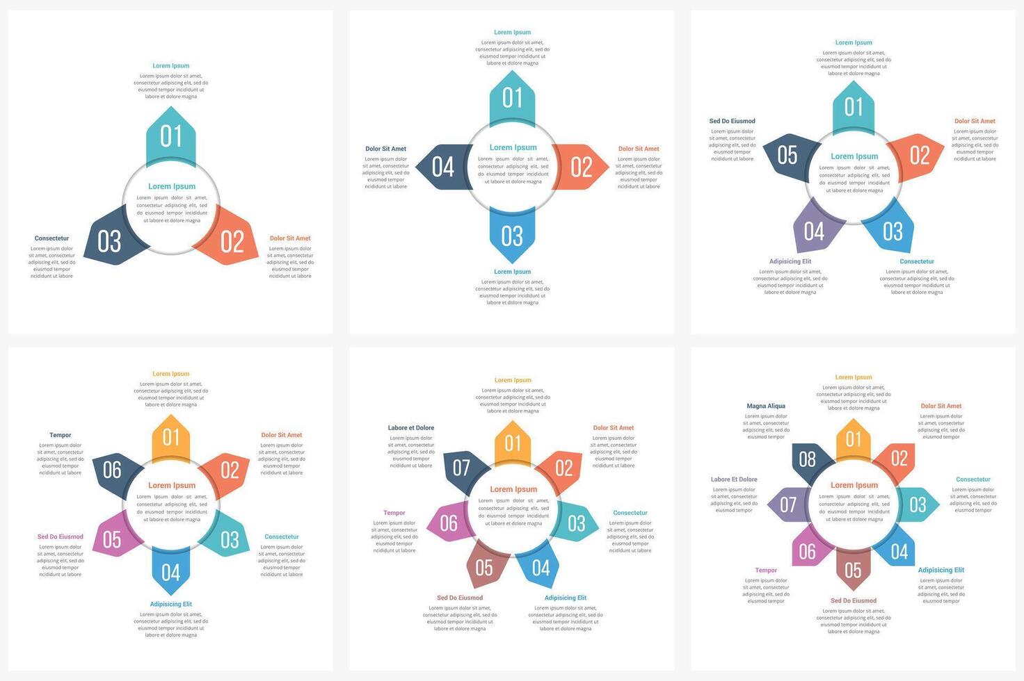 Circle infographic templates with 3, 4, 5, 6, 7 and 8 elements, steps or options, workflow or process diagram, data vizualization vector