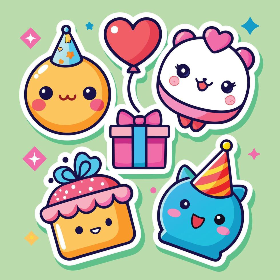 cute birthday stickers set with a cake, balloons, and a gift vector
