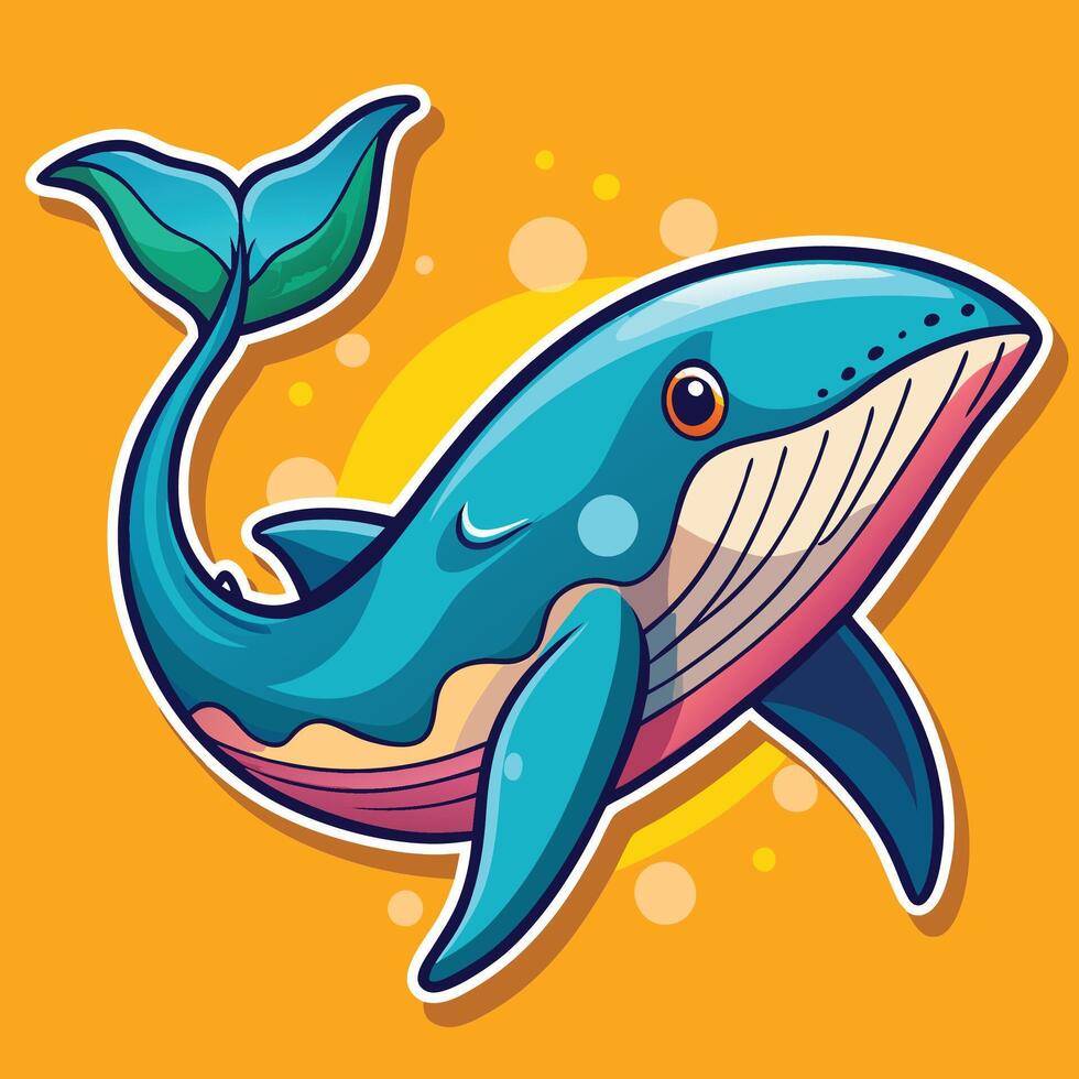 a cartoon whale with a blue and green tail on an orange background vector