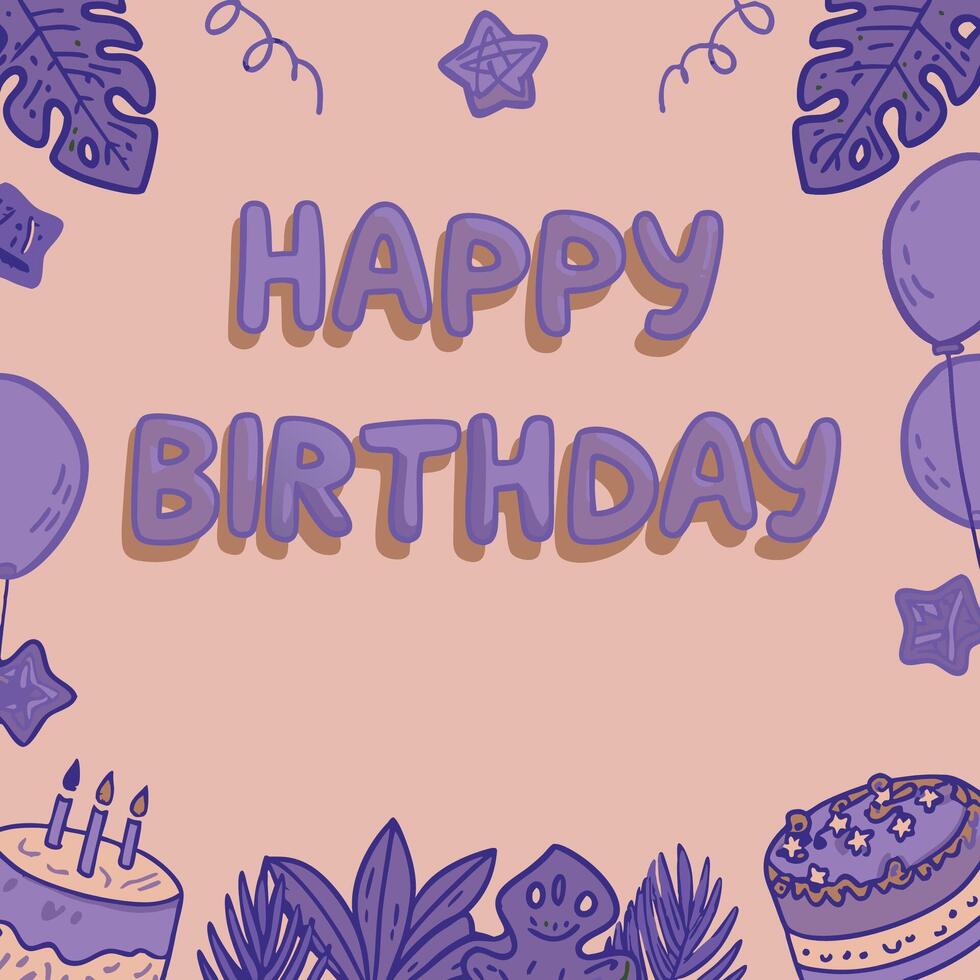 happy birthday card with purple background and balloons vector