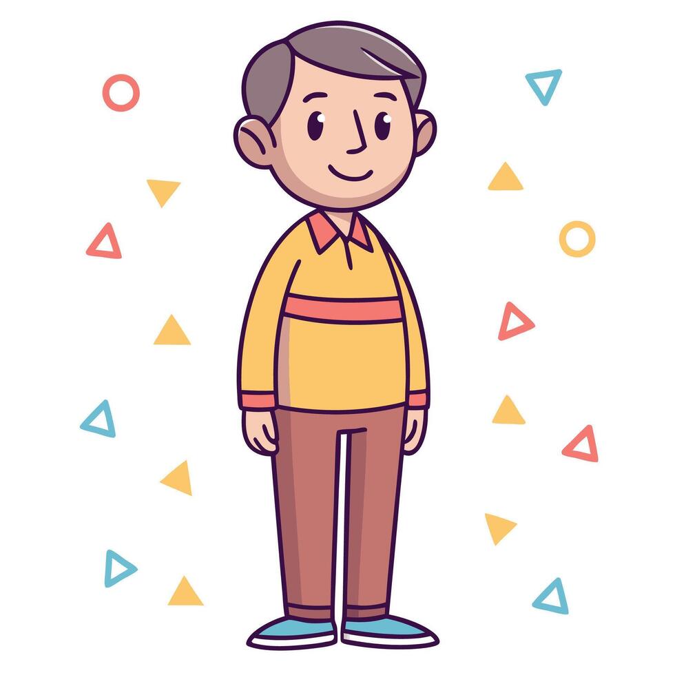 a cartoon man standing in front of a background with colorful shapes vector