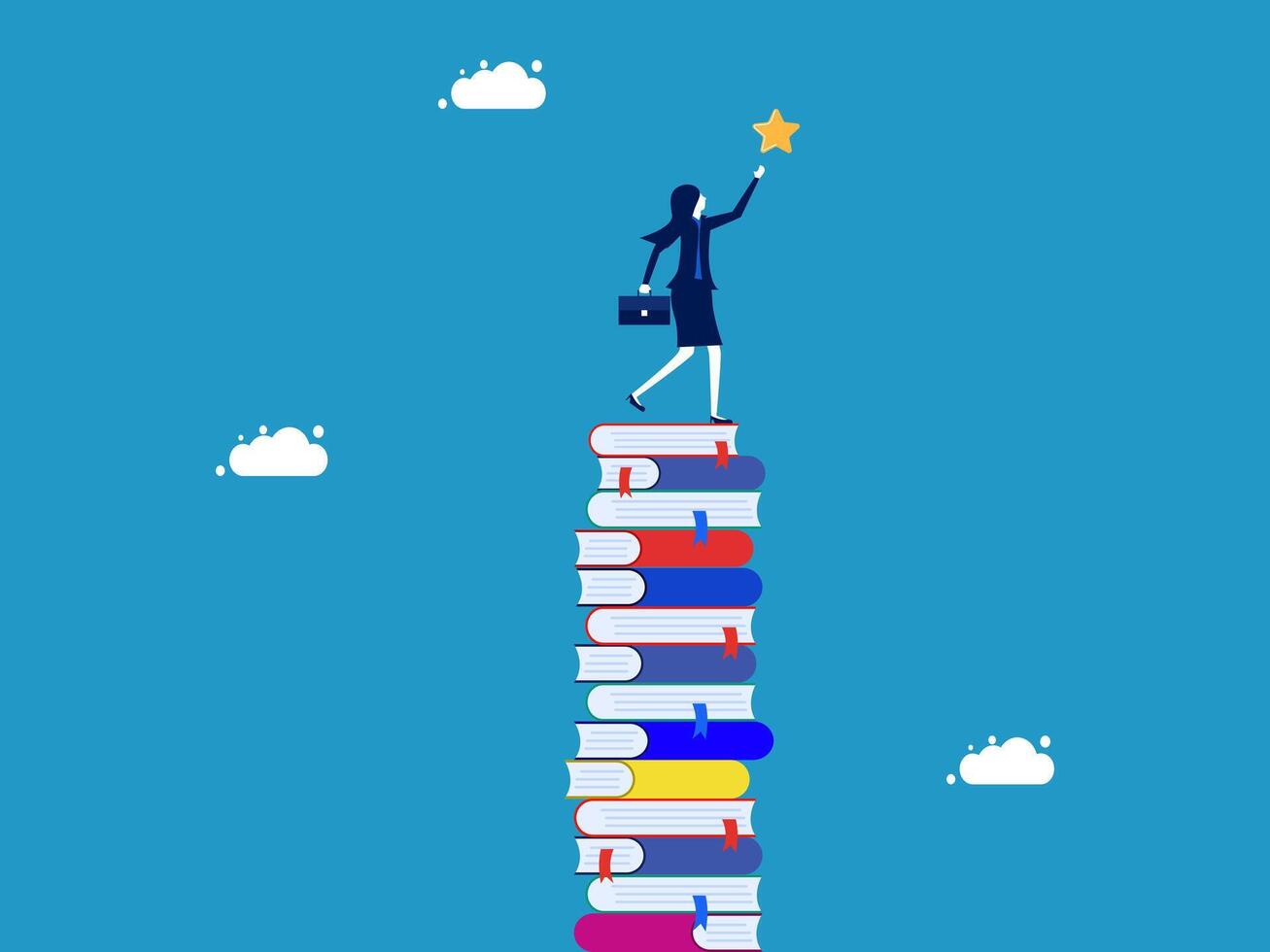 businesswoman standing on top of stack of books with star vector