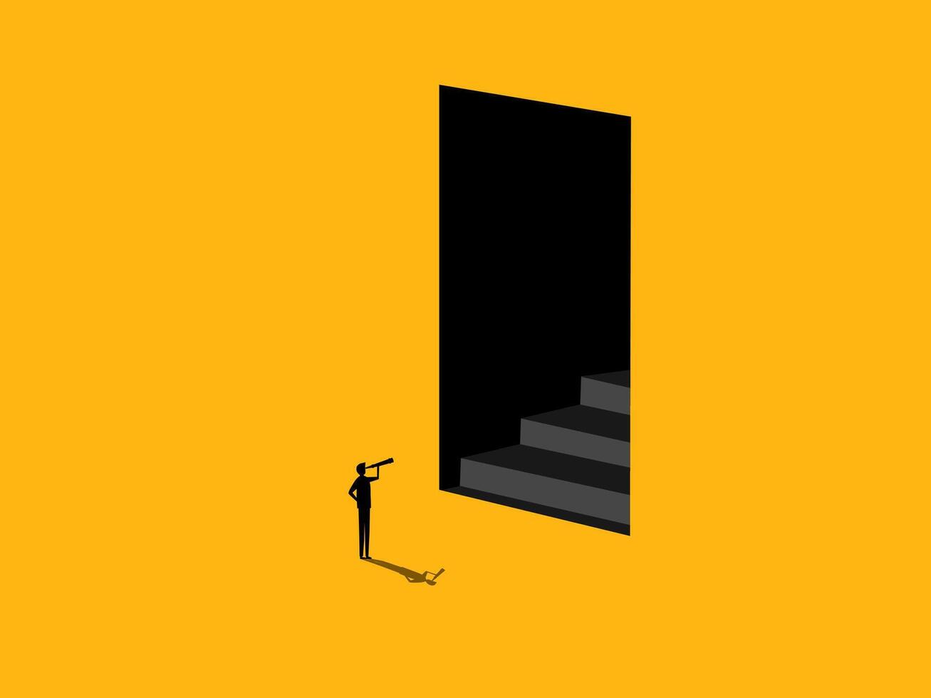 Ambition, new career opportunity. Businessman looks at stairs in door vector